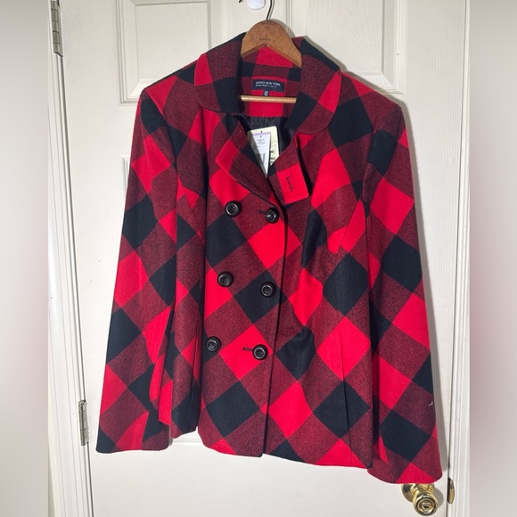 NWT Jones New YorkRed & Black Plaid Jacket Size 22 W Double Breasted Coat